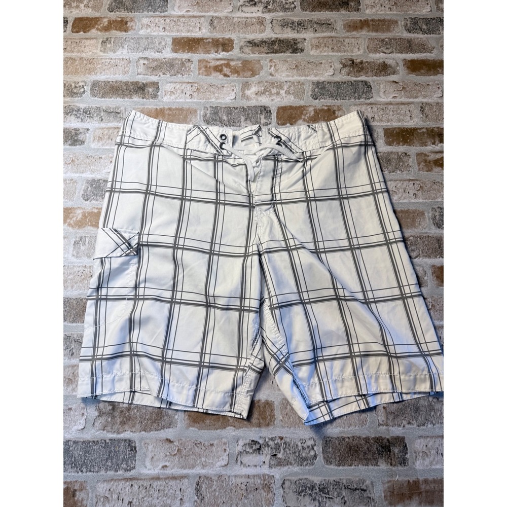 Old Navy Mens Plaid Board Shorts White Grey Cargo Pocket Swim Trunks Size Large